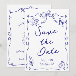 Blauer Whimsikspass Quirky Hand gezeichnete Hochze Save The Date