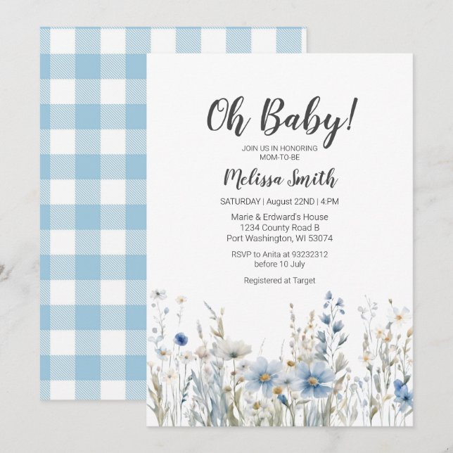 Blauer Wildblume Baby Dusche Einladung (Vorne/Hinten)