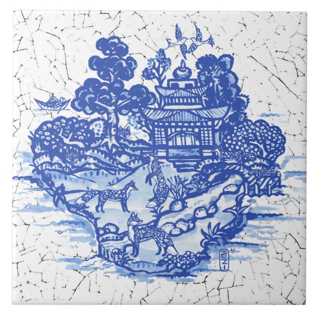 Blauer Wildfox Füchse Floral Antiker Pagoda Bird Fliese (Vorderseite)