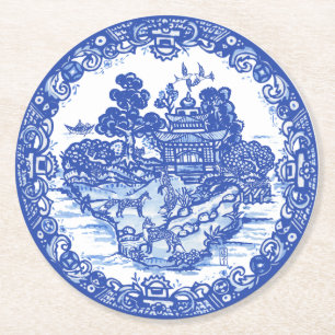Blauer Wildfox Füchse Floral Antiker Pagoda Bird Runder Pappuntersetzer