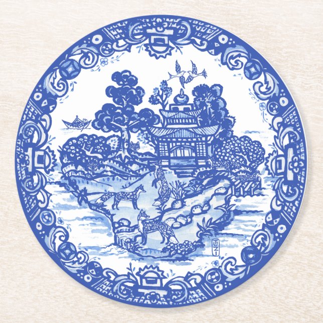 Blauer Wildfox Füchse Floral Antiker Pagoda Bird Runder Pappuntersetzer (Vorderseite)