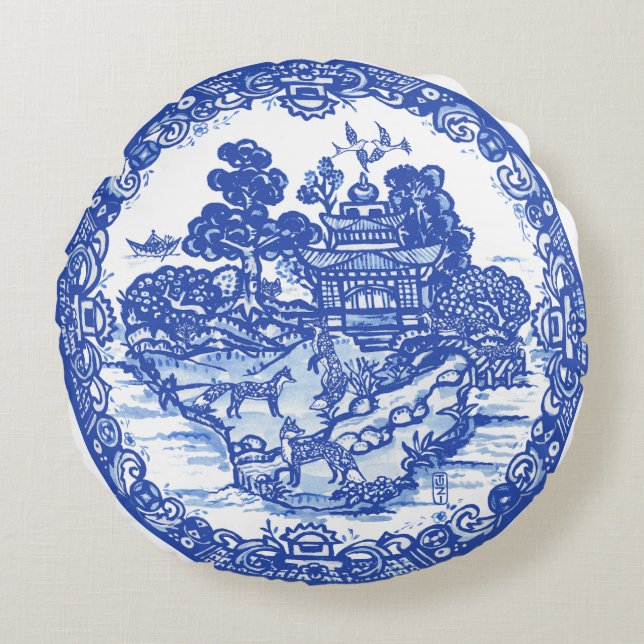 Blauer Wildfox Füchse Floral Antiker Pagoda Bird Rundes Kissen (Vorderseite)