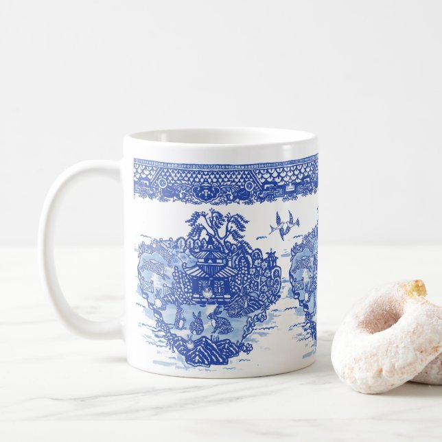Blauer Willow Bunny Rabbit FloraI Insel der Tiere Kaffeetasse (Mit Donut)
