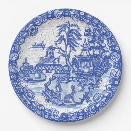 Blauer Willow Rabbit Klassischer Whimsical Crackle Pappteller