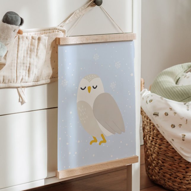Blauer Winter | Arktische Kinderzimmer-Dekoration  Wandteppich Mit Holzrahmen (Blue Winter | Owl Arctic Animal Nursery Decor Hanging Tapestry)