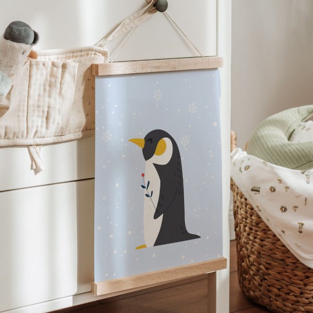 Blauer Winter | Dekor des Polarktischen Kinderzimm Wandteppich Mit Holzrahmen (Blue Winter | Penguin Arctic Animal Nursery Decor Hanging Tapestry)