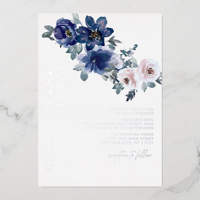 Blauer Winter Silber Botanische Rustikale Hochzeit Folieneinladung (Vorderseite)