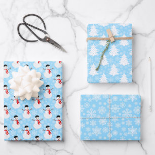 Blauer Winter Snowman Bäume und Schneeflocken Geschenkpapier Set