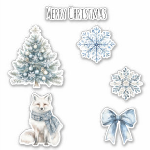 Blauer Winter Weihnachtsbaum Fuchs Schneeflocken S Aufkleber