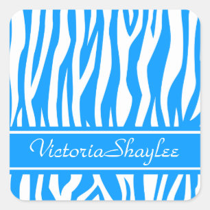 Blauer Zebra-Druck mit benutzerdefiniertem Text Quadratischer Aufkleber