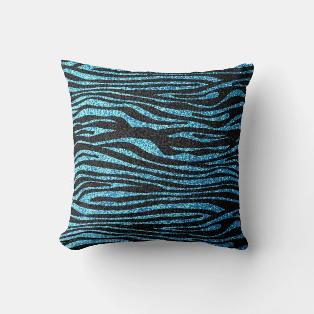 Blauer Zebradruck (bling Imitat-Glitter) Kissen (Vorderseite)