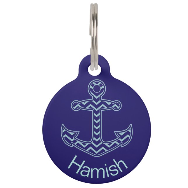 Blauer Zickzack Anker Nautical Personalisiert Haustiermarke (Vorderseite)