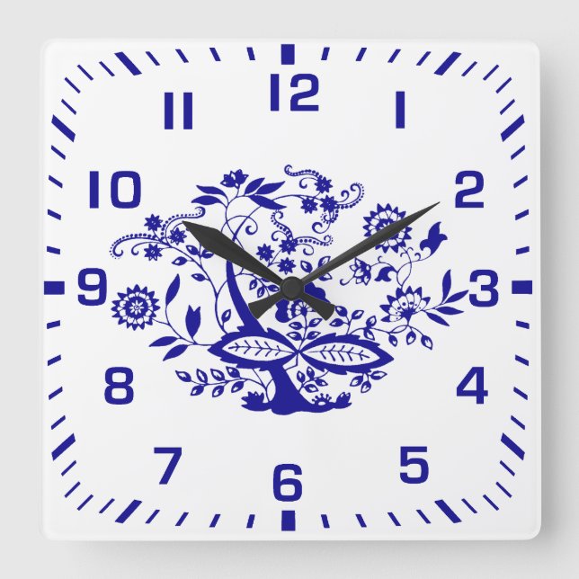 Blauer Zwiebelstil Quadratische Wanduhr (Vorderseite)