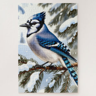 Blauerhäher in schneebedeckten Kiefern Aquarell Wi