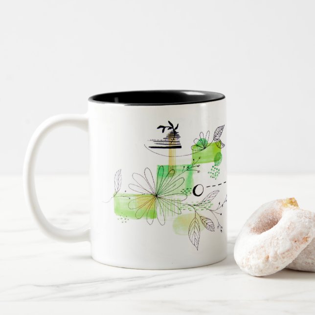 Blaues Abstraktes geometrisches grünes Schwarz Zweifarbige Tasse (Mit Donut)