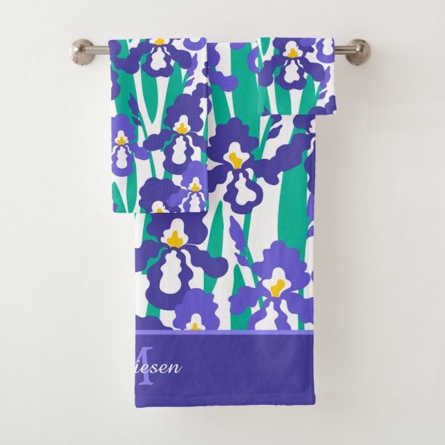 Blaues Abstraktes Iris Floral Muster Monogramm Badhandtuch Set (Insitu)