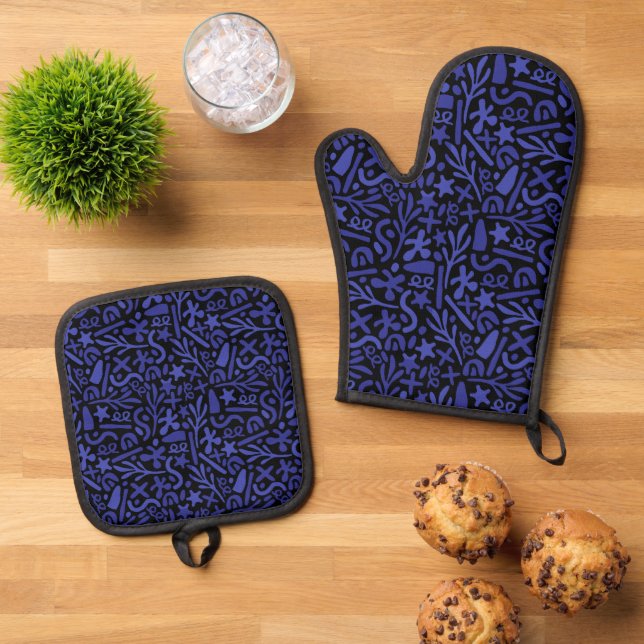 blaues abstraktes nahtloses Muster Ofenhandschuh & Topflappen-Set (Oben Unten)