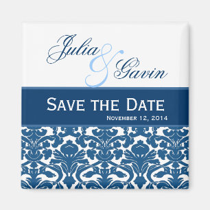 Blaues amd weißer Damast Save the Date, der V397 Magnet