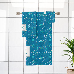 Blaues Angeln Nahtloses Muster Mit Monogramm Badez Badhandtuch Set