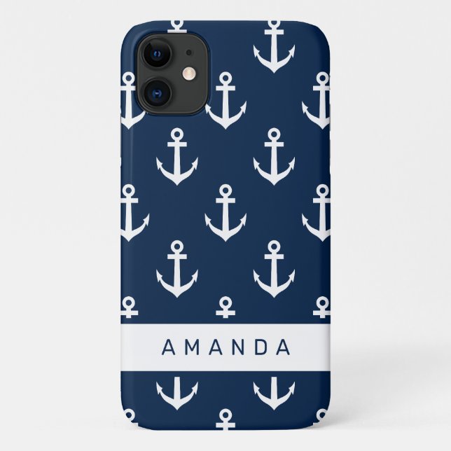 Blaues Ankermuster der Nautik personalisiert Case-Mate iPhone Hülle (Rückseite)