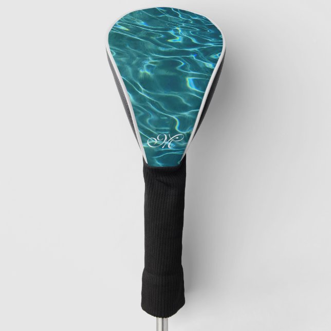 Blaues Aqua Pattern Ozeanwellen Monogramm Golf Headcover (Vorderseite)
