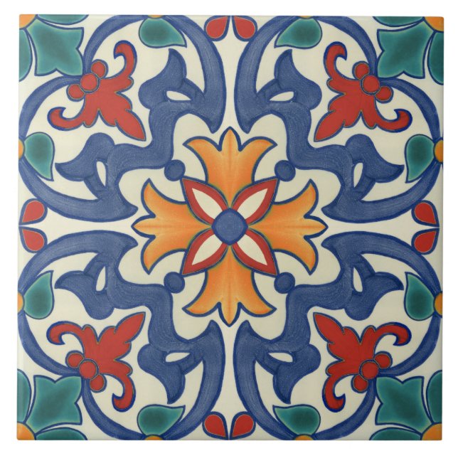 Blaues Aquamarin-gelbes Azulejos-Muster Fliese (Vorderseite)