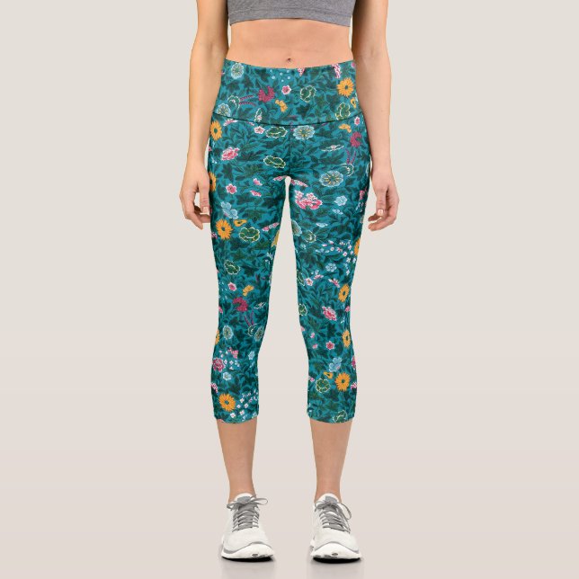 Blaues Aquamarin-grünes Rosa-Gelbblütenmuster Capri Leggings (Vorderseite)