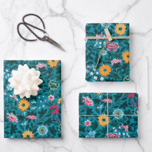 Blaues Aquamarin-grünes Rosa-Gelbblütenmuster Geschenkpapier Set