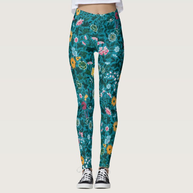 Blaues Aquamarin-grünes Rosa-Gelbblütenmuster Leggings (Vorderseite)