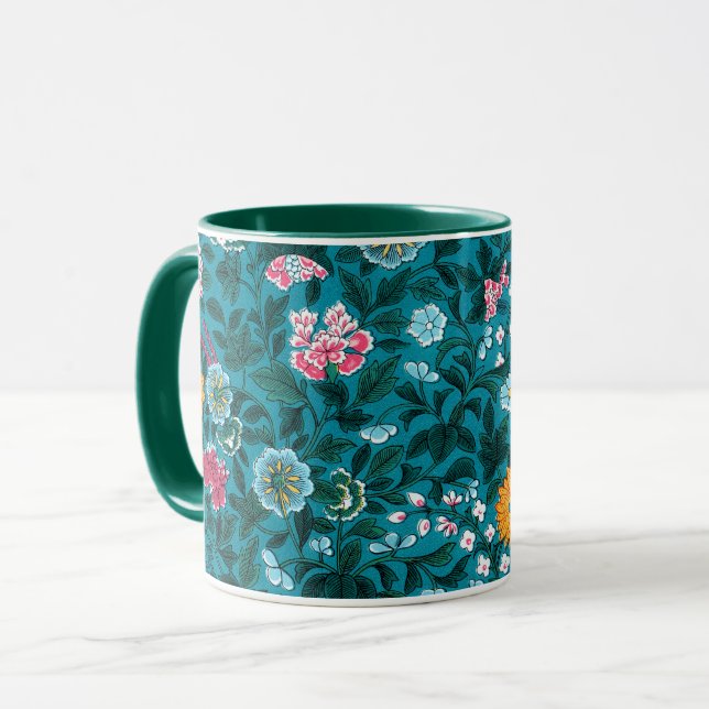 Blaues Aquamarin-grünes Rosa-Gelbblütenmuster Tasse (Vorderseite Links)