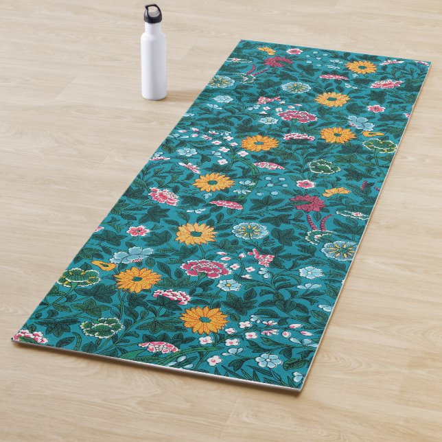Blaues Aquamarin-grünes Rosa-Gelbblütenmuster Yogamatte (Beispiel)