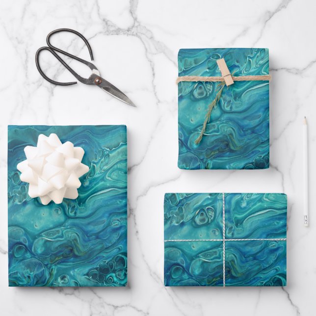 Blaues Aquamarines Acrylgießen Abstrakter Fluid Ar Geschenkpapier Set (Vorderseite)
