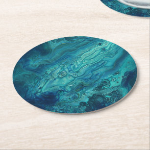 Blaues Aquamarines Acrylgießen Abstrakter Fluid Ar Runder Pappuntersetzer