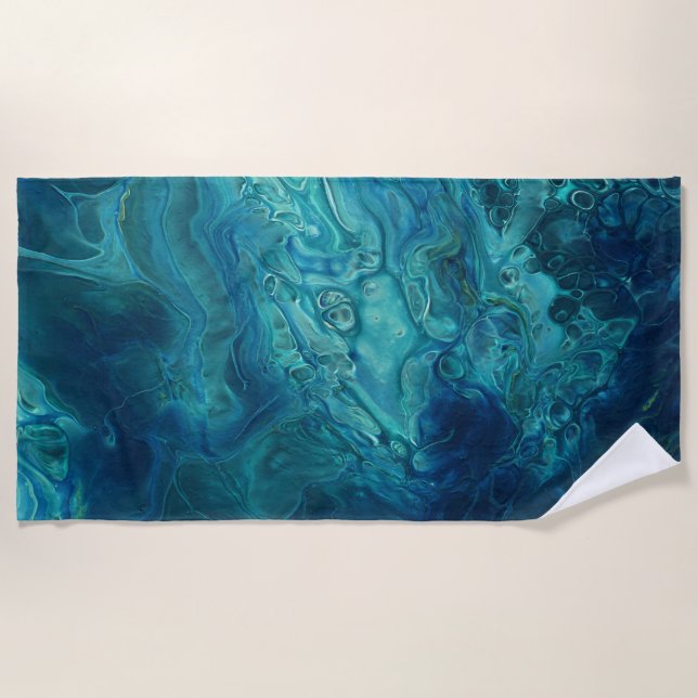 Blaues Aquamarines Acrylgießen Abstrakter Fluid Ar Strandtuch (Vorderseite)