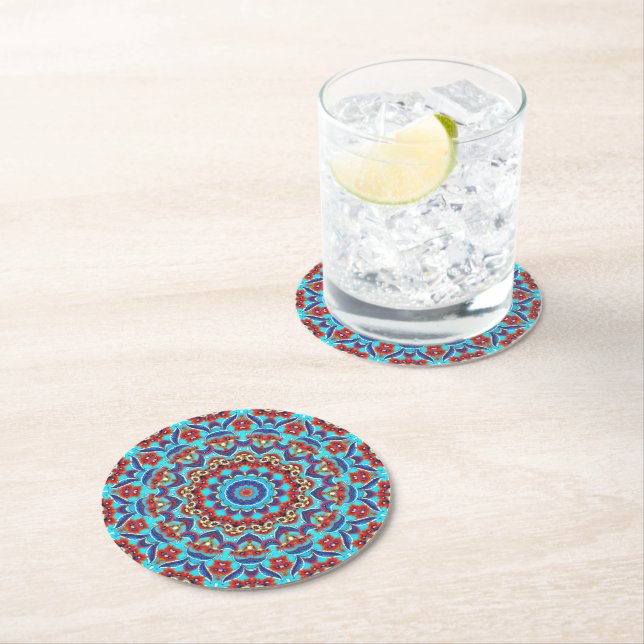 Blaues Aquamarines Leaf Floral Mandala Boho Runder Pappuntersetzer (Vor Ort)