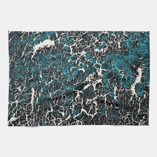 Blaues Aquamarines Schwarz-weißes Abstraktes Muste Geschirrtuch (Horizontal)