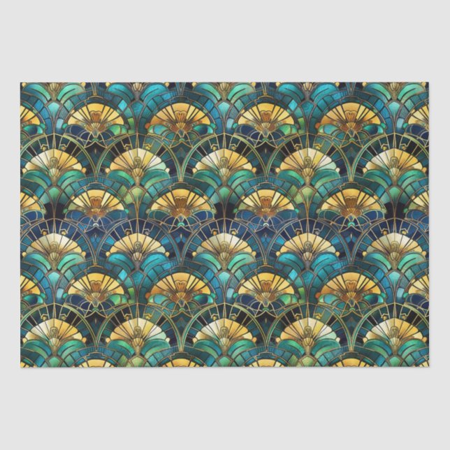 Blaues, aquamarines und goldenes Pfauenglas Seidenpapier (Vorderseite)