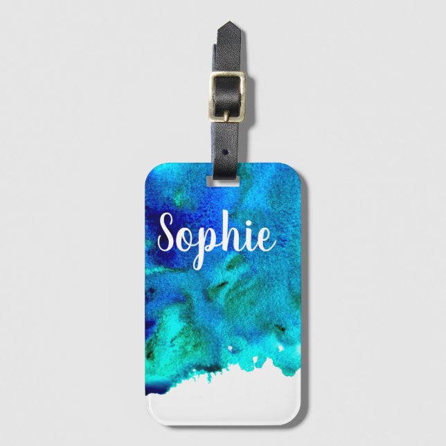 Blaues Aquarell abstraktes Ozeandesign Gepäckanhänger (Vorderseite Vertikal)