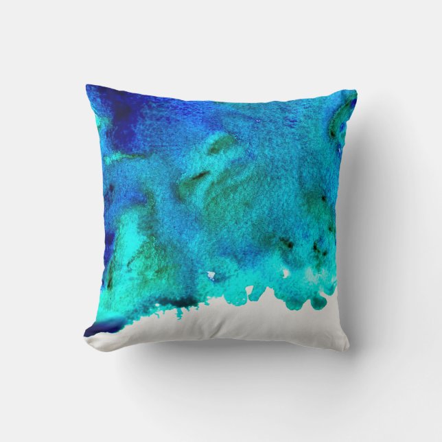Blaues Aquarell abstraktes Ozeandesign Kissen (Vorderseite)