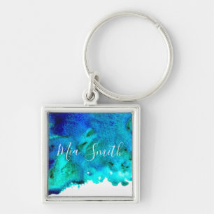 Blaues Aquarell abstraktes Ozeandesign Schlüsselanhänger