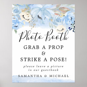 Blaues Aquarell-Blumen-Hochzeits-Fotobooth-Schild Poster