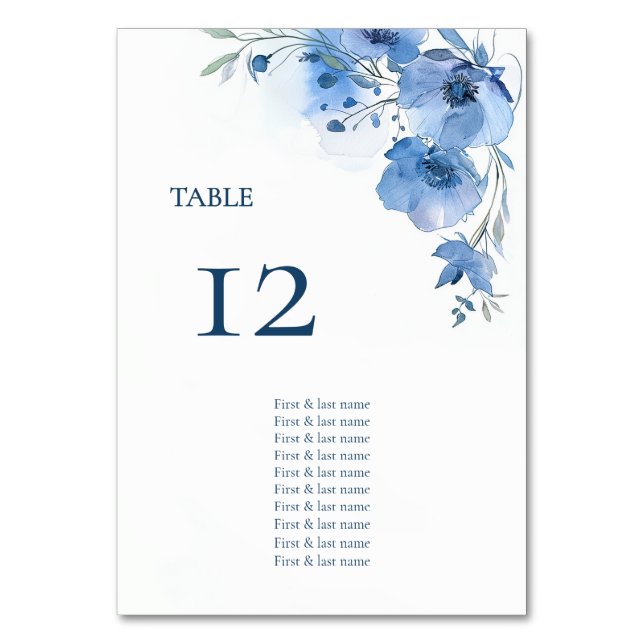 Blaues Aquarell-Blumen-Sitzplan Tischnummer (Vorderseite)