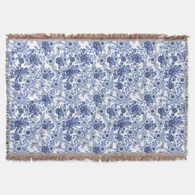 Blaues Aquarell-Blumenmuster Decke (Vorderseite)