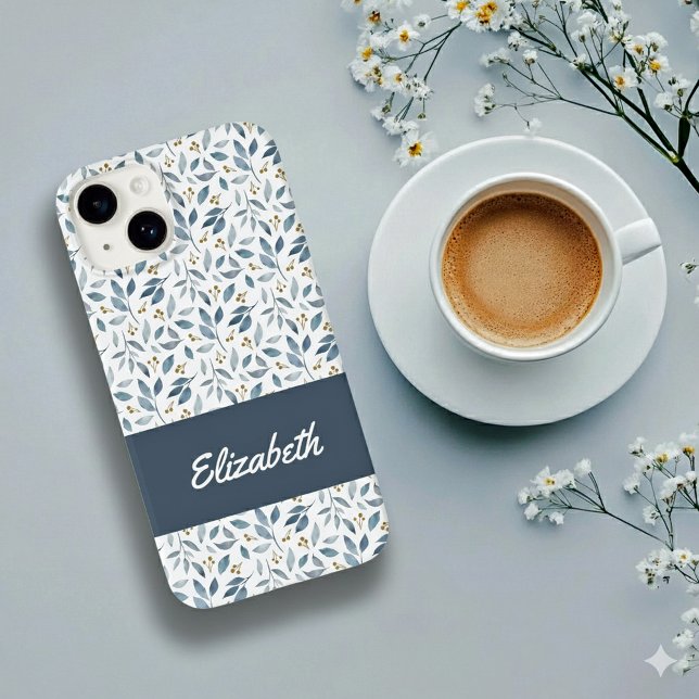 Blaues Aquarell-Botanik-Muster-Name Case-Mate iPhone 14 Hülle (Von Creator hochgeladen)