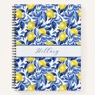 Blaues Aquarell-Limonen-Muster-Monogramm-Name Notizbuch