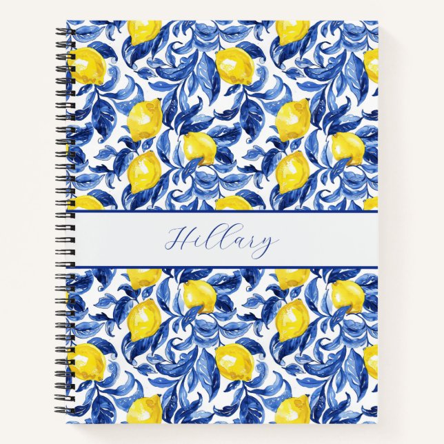 Blaues Aquarell-Limonen-Muster-Monogramm-Name Notizbuch (Vorderseite)