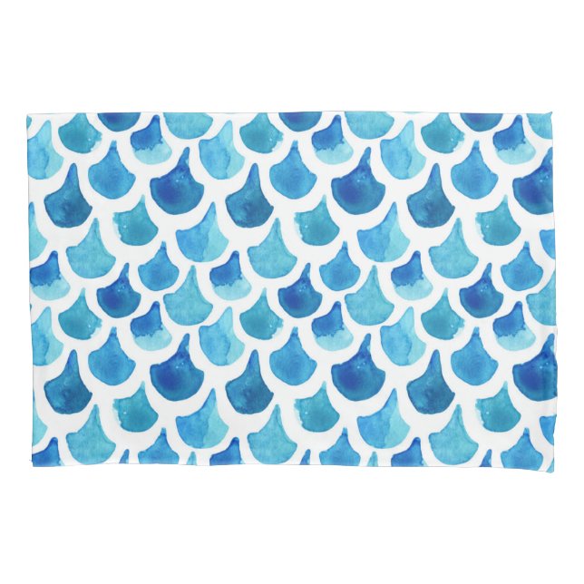 Blaues Aquarell-Skala-Muster Kissenbezug (Vorderseite-Links)