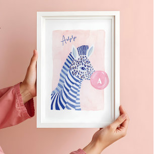 Blaues Aquarell-Zebra-Tier bläst Kaugummiblase Poster