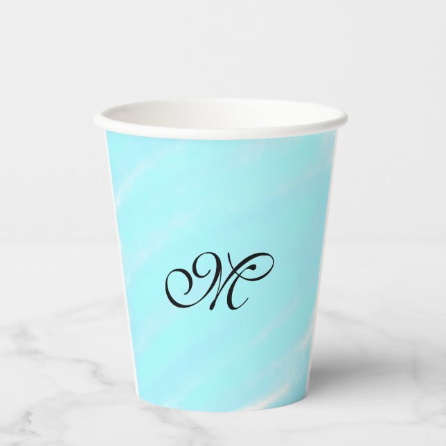 Blaues Aquarellfarben-Monogramm mit Buchstaben in  Pappbecher (Vorderseite)