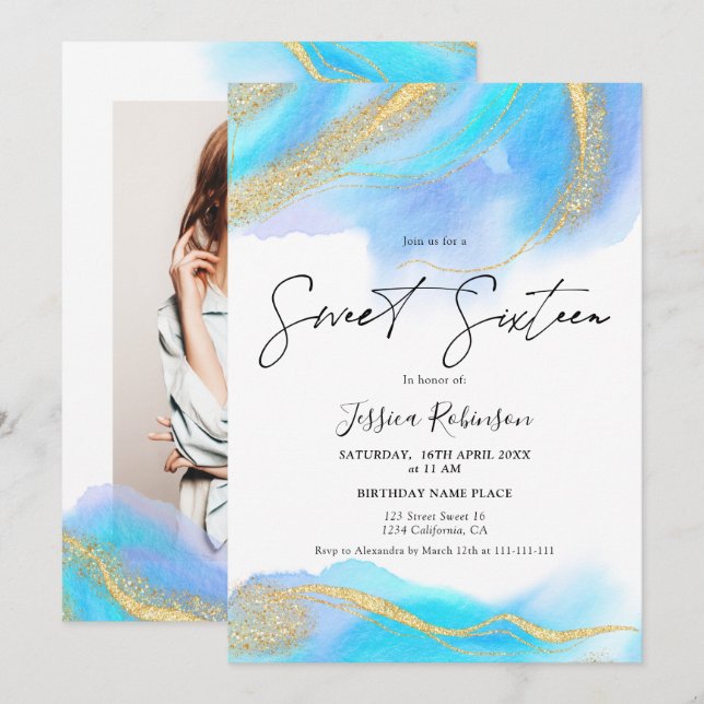 Blaues Aquarellgold Glitzer Foto Sweet 16 Einladung (Vorne/Hinten)